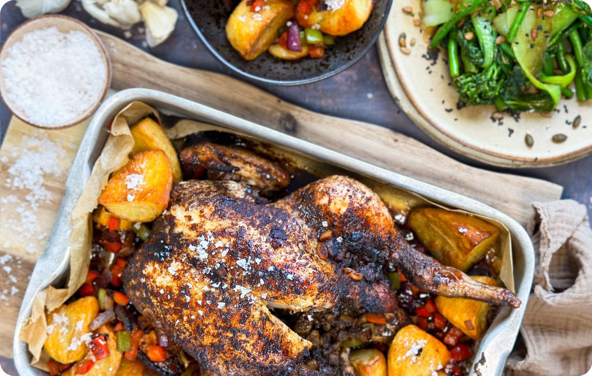 Chinese roast chicken, salt & pepper potatoes & wok friend greens