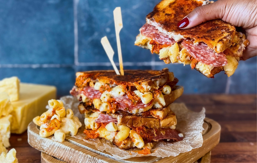 Mac cheese nduja garlic butter salami toastie recipe - food and drink trends 2025