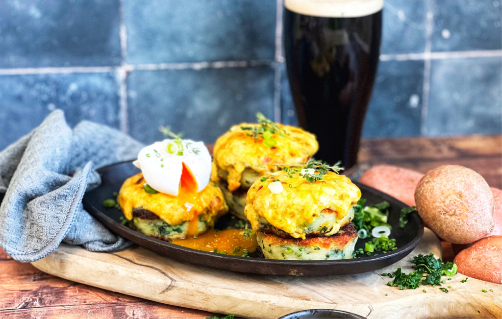 Guinness rarebit on a colcannon potato scone recipe - food and drink trends 2025